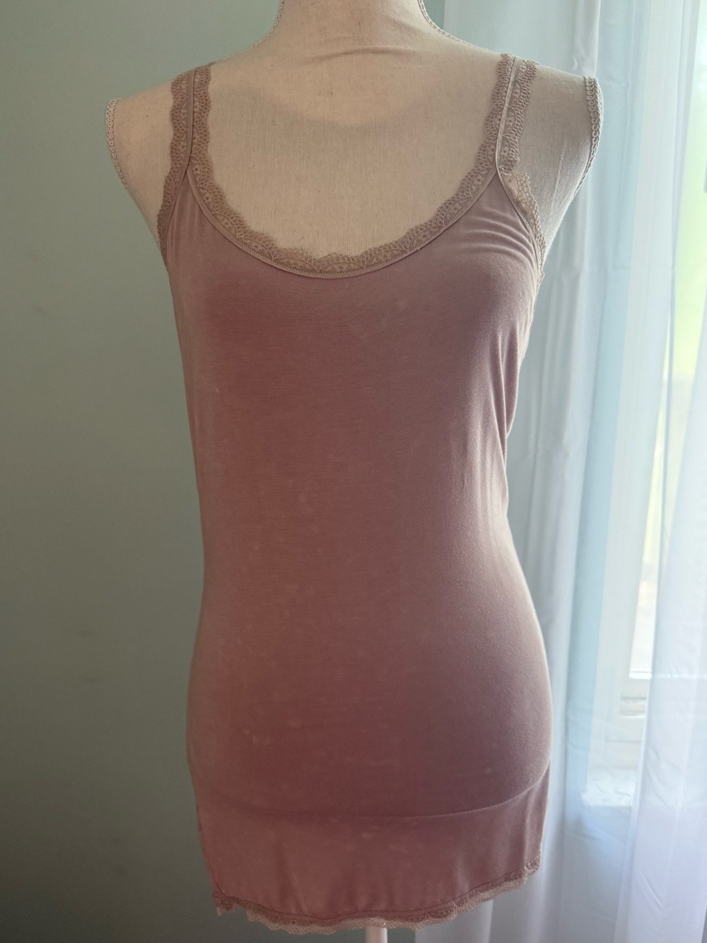 POL Tan Lace Trim Mineral Washed Long Tank Top / Size S